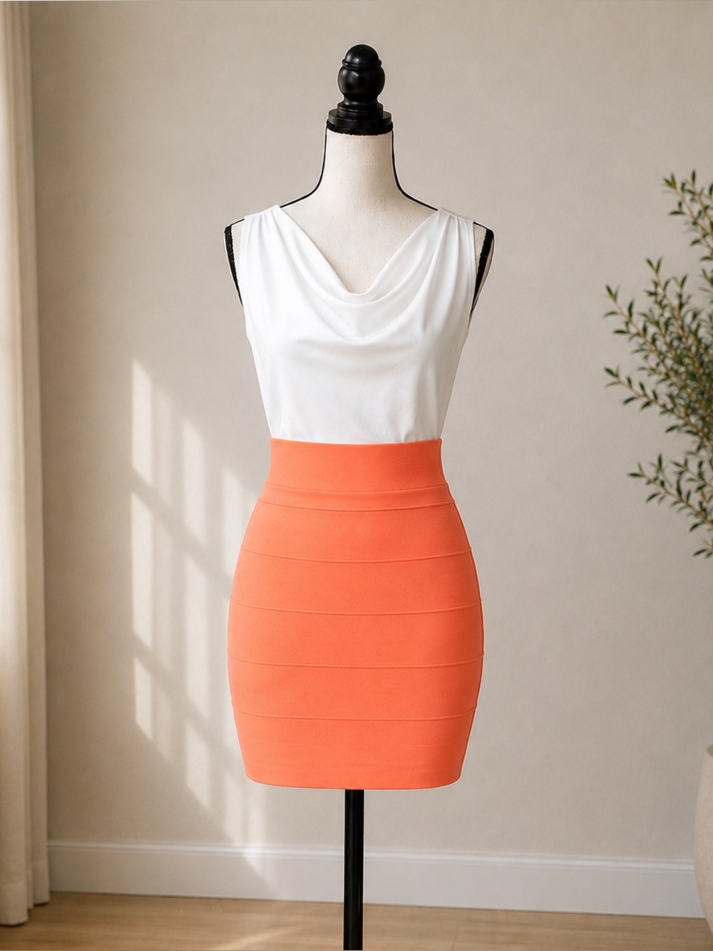 BCBGMAXAZRIA Orange Bandage Mini Skirt High-Waist Bodycon Pencil Skirt -XS